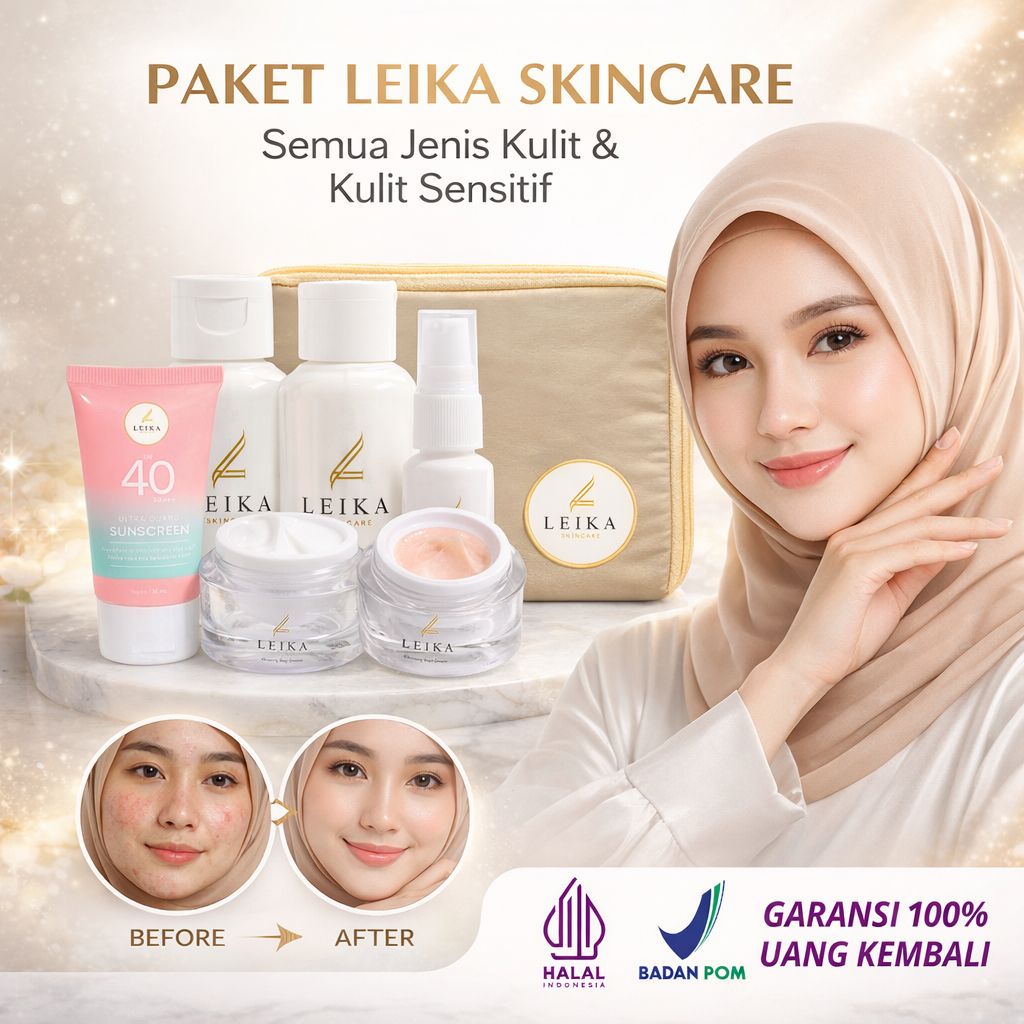 Leika Skincare Paket  6 in 1 Skincare set Sunscreen SPF 40 PA +++ Pemutih Kulit Wajah Ampuh BPOM