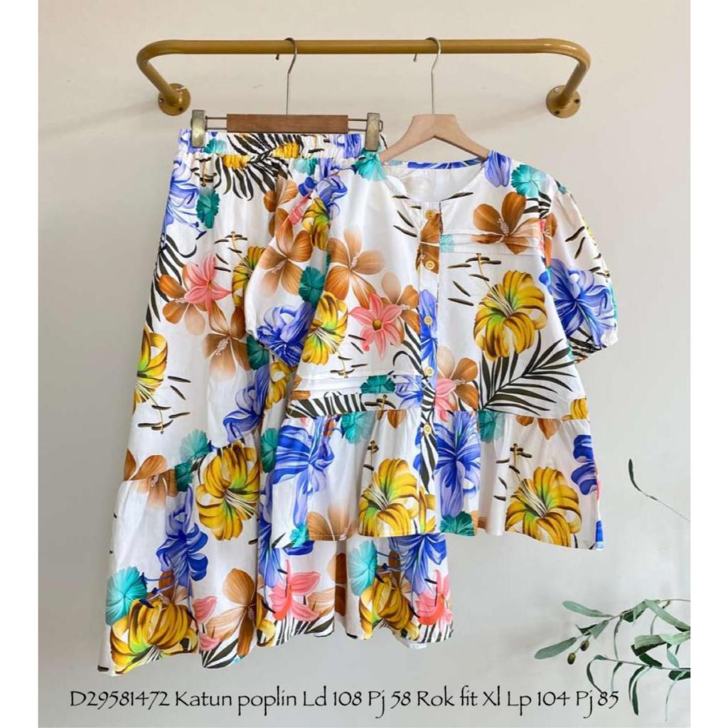 Set Atasan Rok Wanita Katun Poplin | Setelan Wanita Motif Bunga Casual | Baju Set Wanita Adem & Nyam