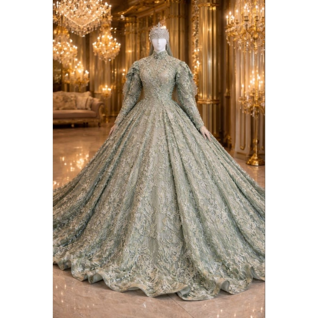 Gaun Pengantin Premium Full Payet Ekor, Gaun pengantin muslimah, Gaun pengantin Modern Dan Mewah