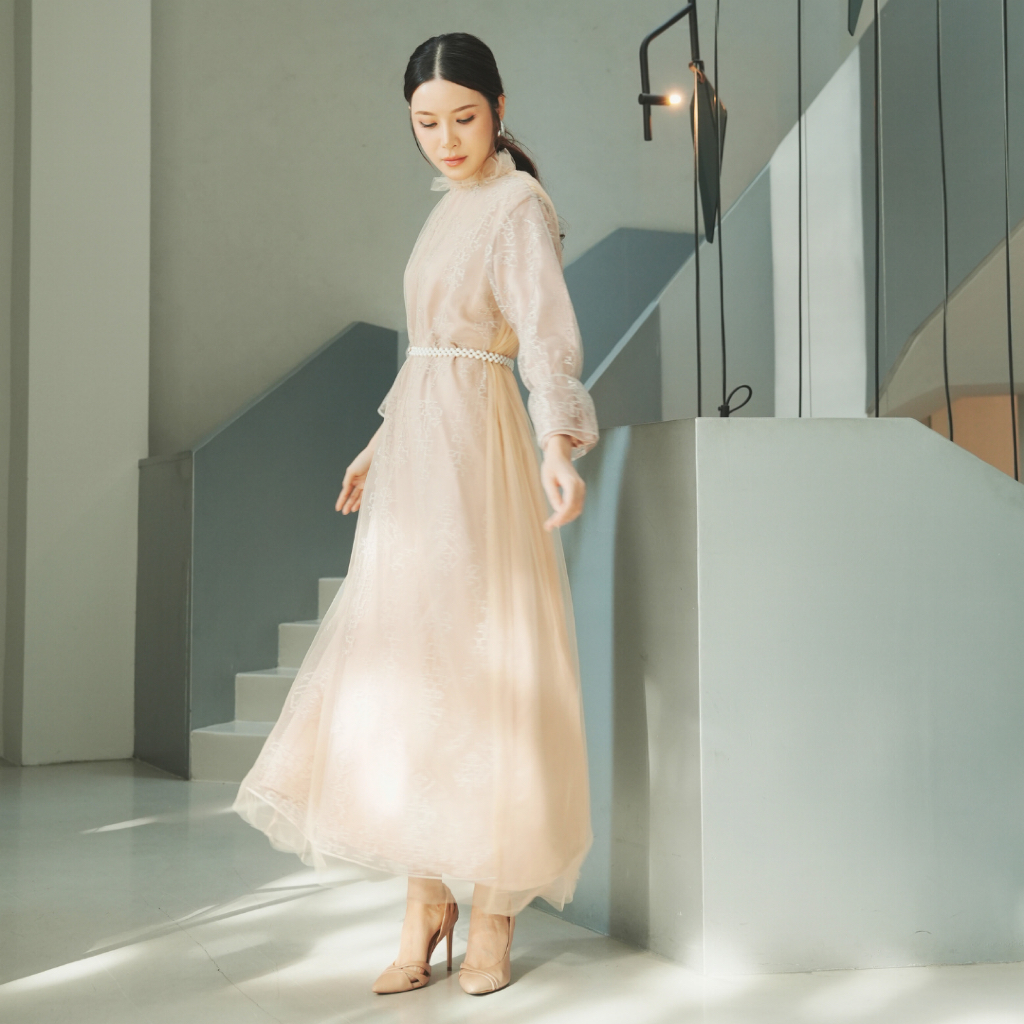 NAMELIS Illona Dress in Nude | Dress A-Line Ruffle untuk Outfit Pesta Iftar Bukber Buber Buka Bersam