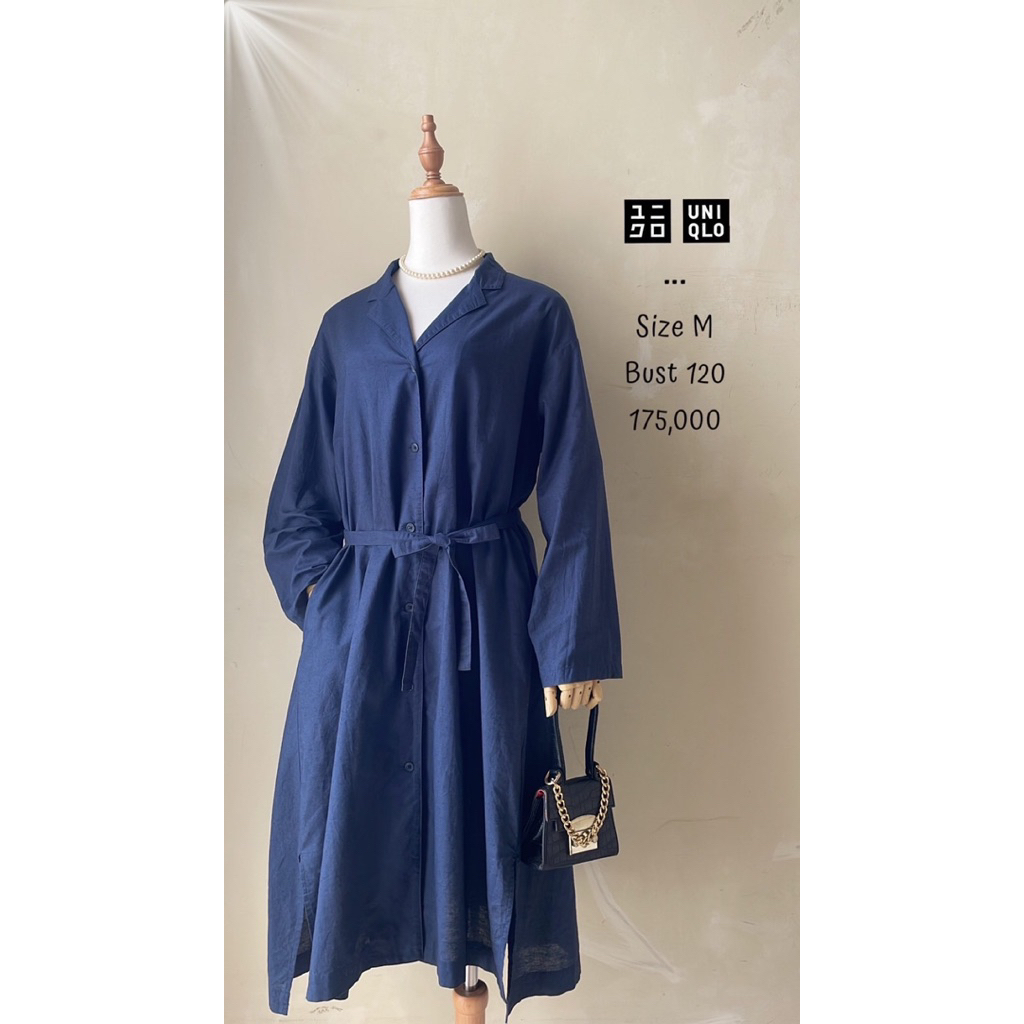 Midi dress katun biru tua Navy polos uniqlo original premium murah lengan panjang kerah kemeja belt 