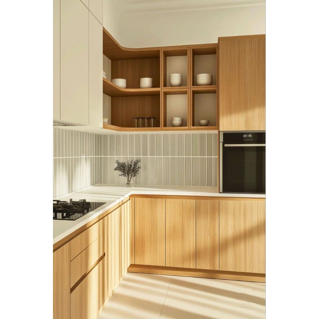 kabinet L shape rak atas terbuka