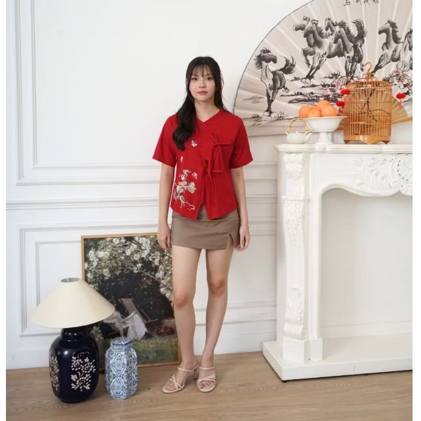 Baju Atasan Blouse Cheongsam Wanita Qipao Sincia Imlek Katun Stretch Lengan Pendek Big Size Jumbo 33