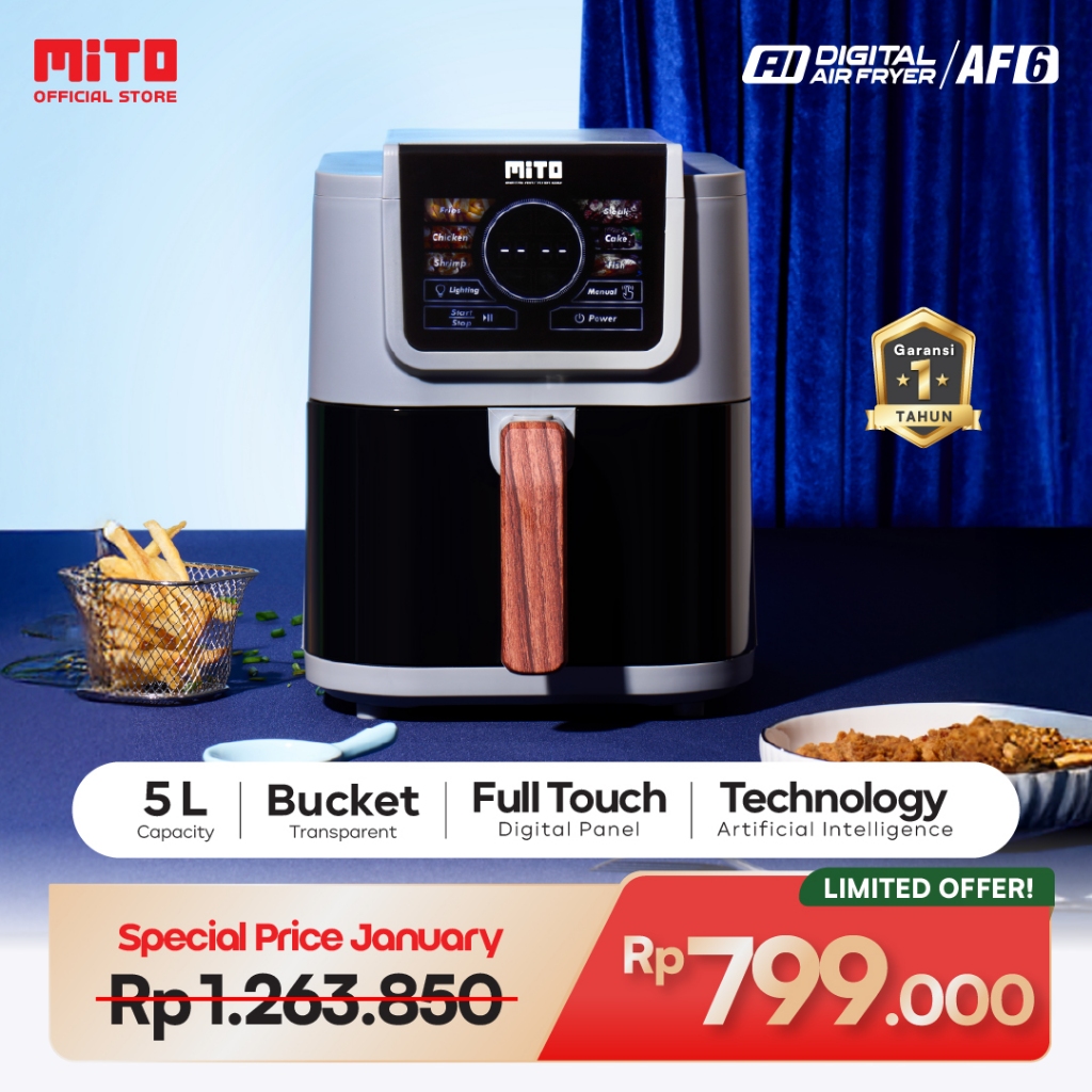 MITO Air Fryer AF6 Smart AI-Fryer Digital, Low Watt, 5L Semi Transparan, Touch Screen LED