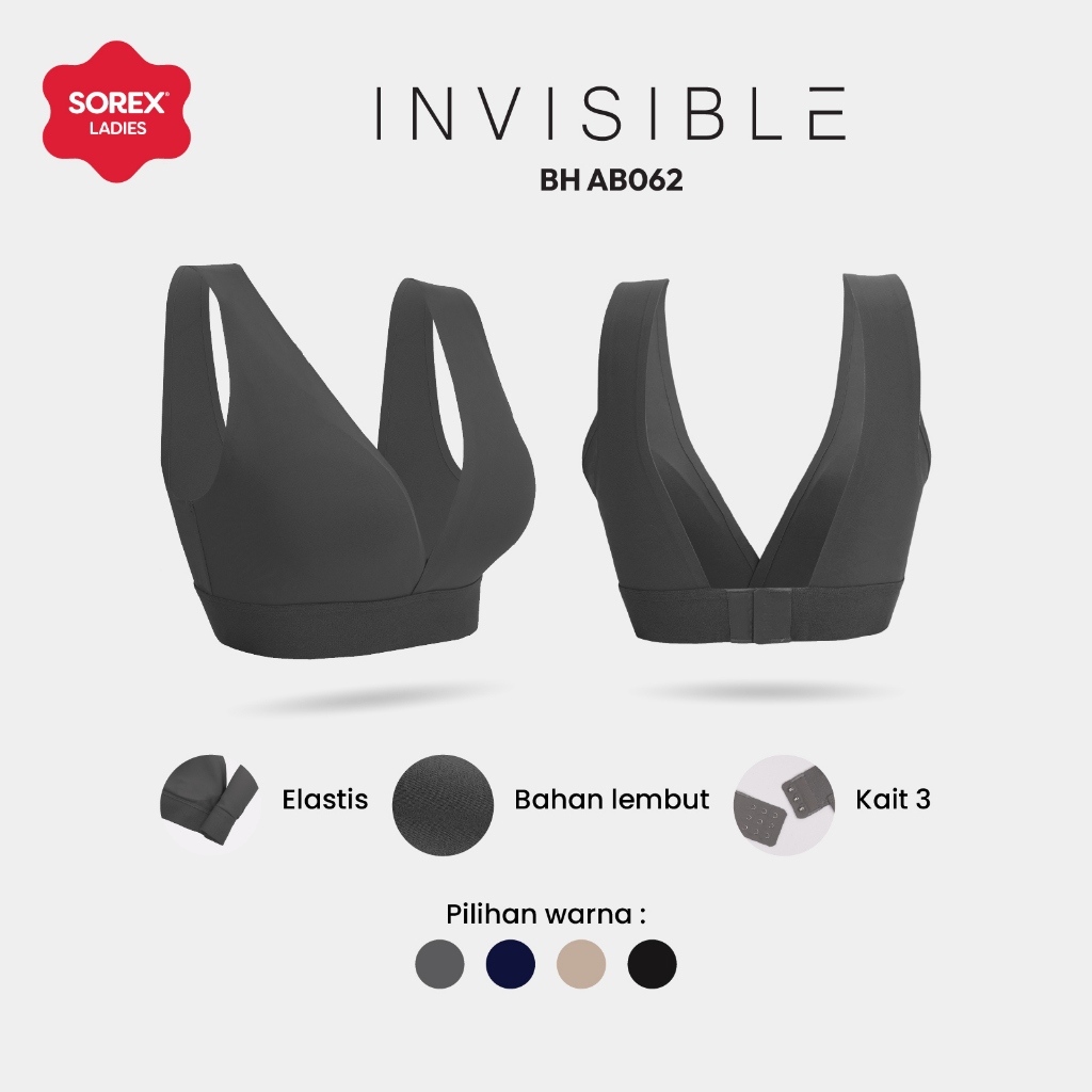 Sorex Bra Seamless V-Neck Tanpa Kawat Cup B Kait 3 Busa Sedang Backless BH AB062