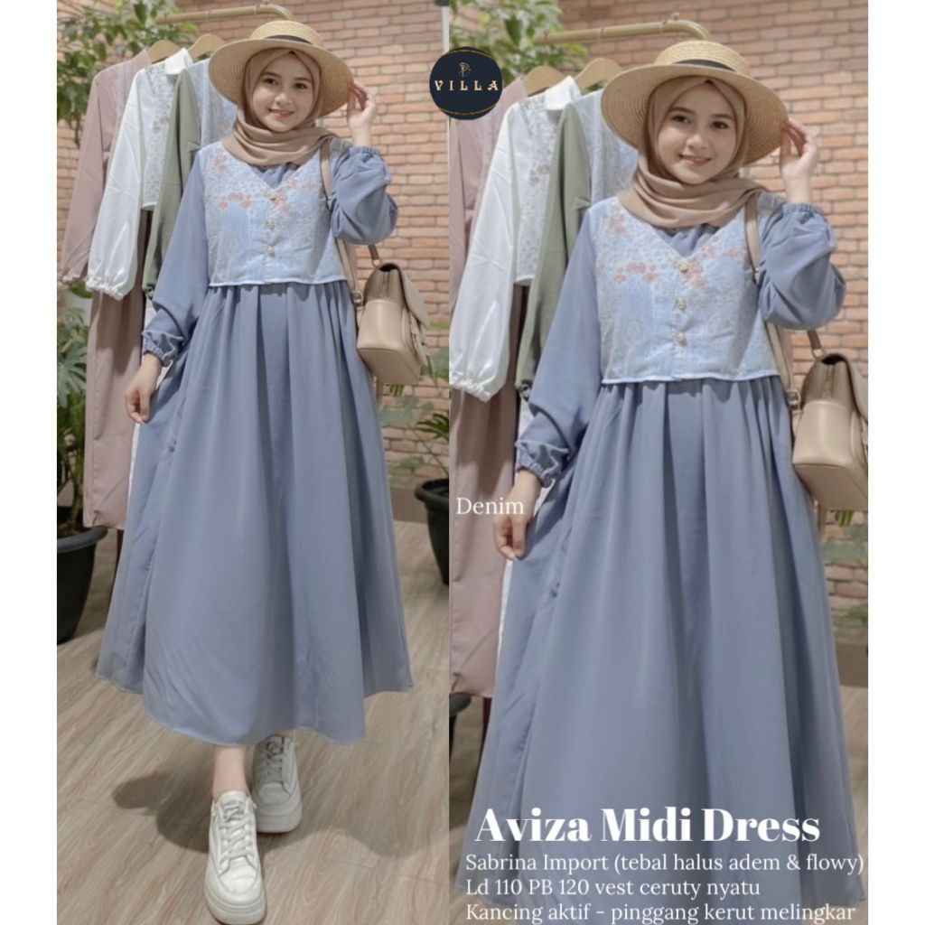 Aviza Midi Dress Muslimah Import Original Villa Bahan Sabrina Import Kombinasi Vest Ceruty Premium K