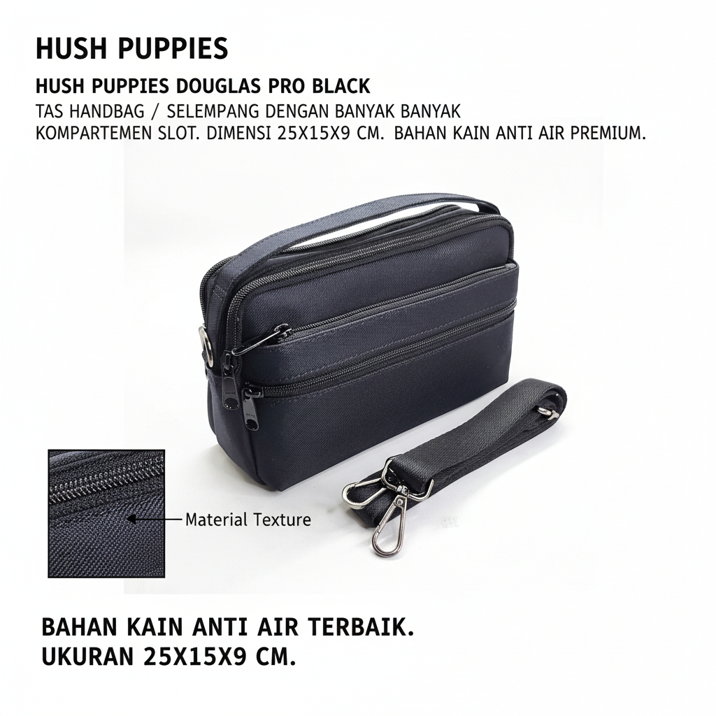Tas Selempang Pria | Hush Puppies Douglas pro Hitam Premium | Handbag Pria | Tas Waterproof