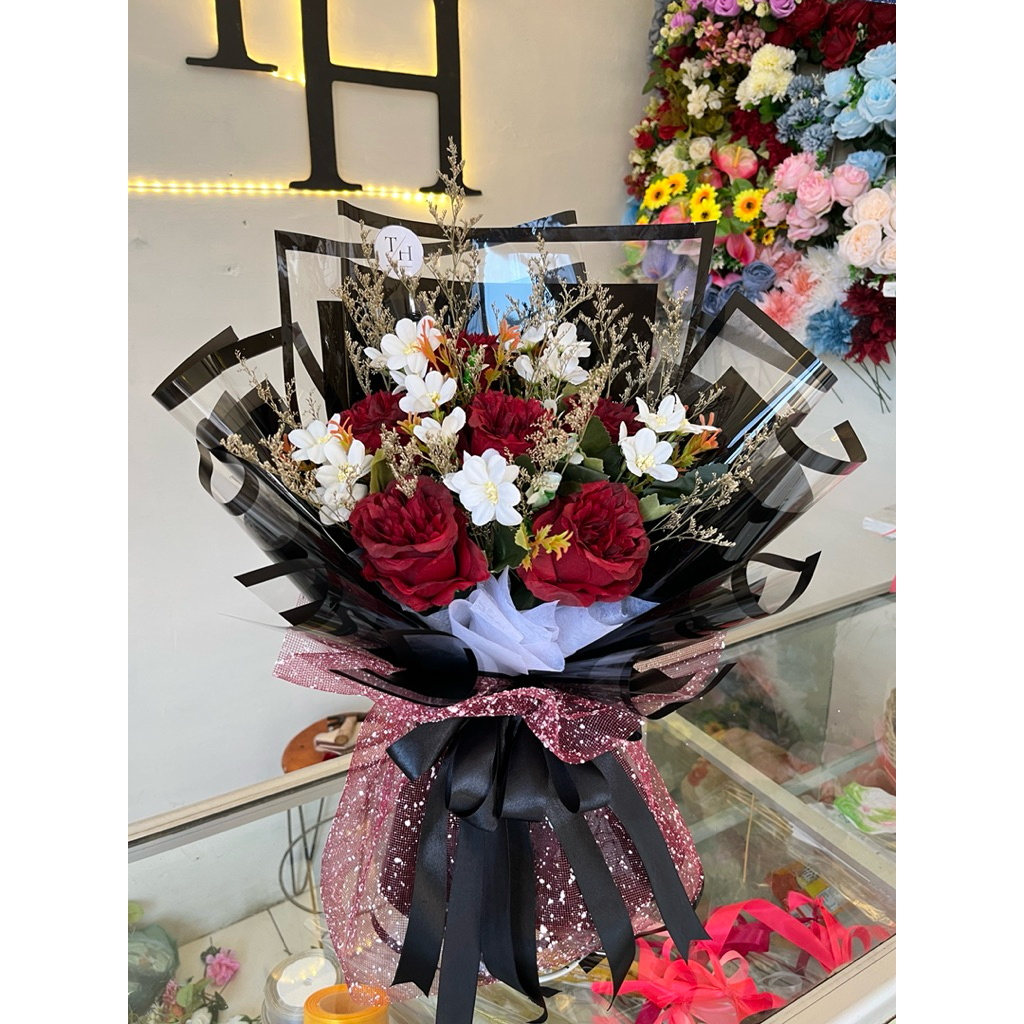 Angel buket /Buket Bunga cantik murah bunga merah putih mix caspea kering