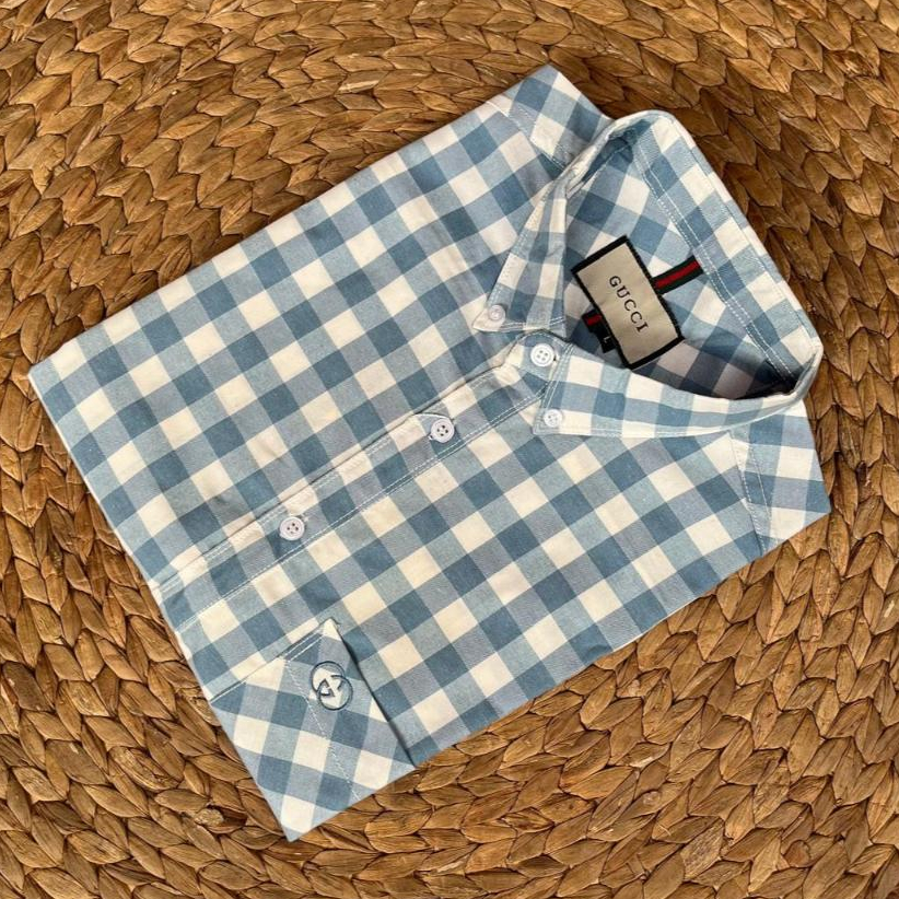 Kemeja Kotak Kotak Pria Basic Gucci Gingham Full Catton Oxford Kancing Bawah - Lengan Pendek
