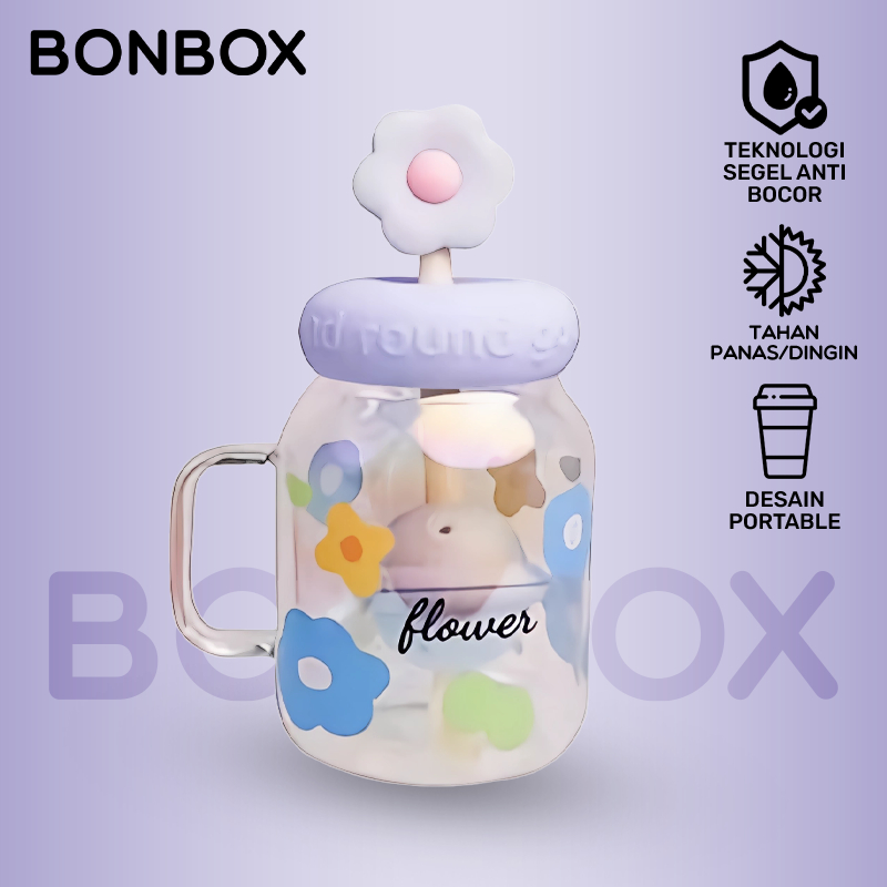 BONBOX Mug Kaca Bunga 850ml dengan Saringan Teh + Sumbat Debu - Mason Jar Aesthetic Flower Handle Bo