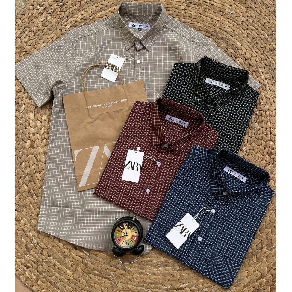 Kemeja Pria ZARA MAN Stripe | Kemeja Motif Kotak Kotak Kualitas Premium | Kemeja Santai Slim Fit