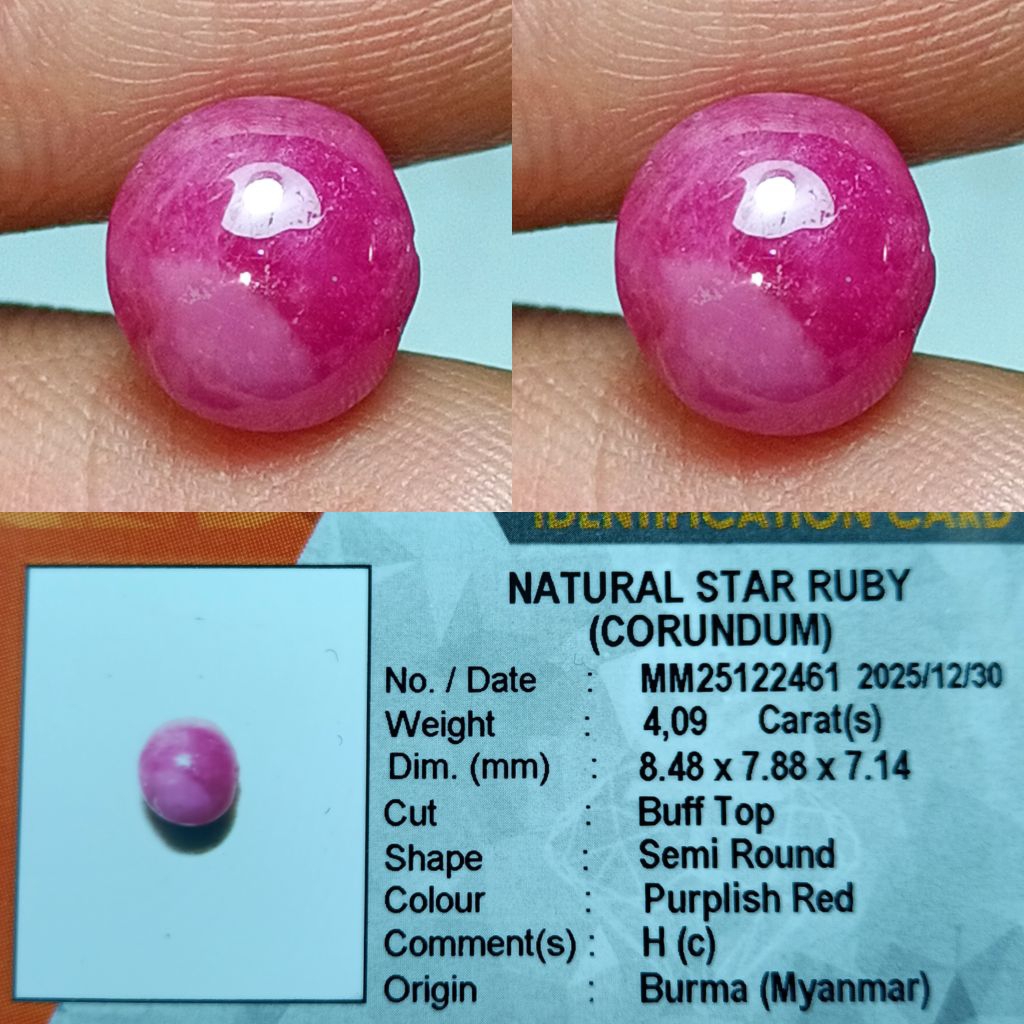 NATURAL STAR RUBY CORUNDUM BURMA MYANMAR OVAL CABOCHON PURPLISH RED MEMO KGL LAB