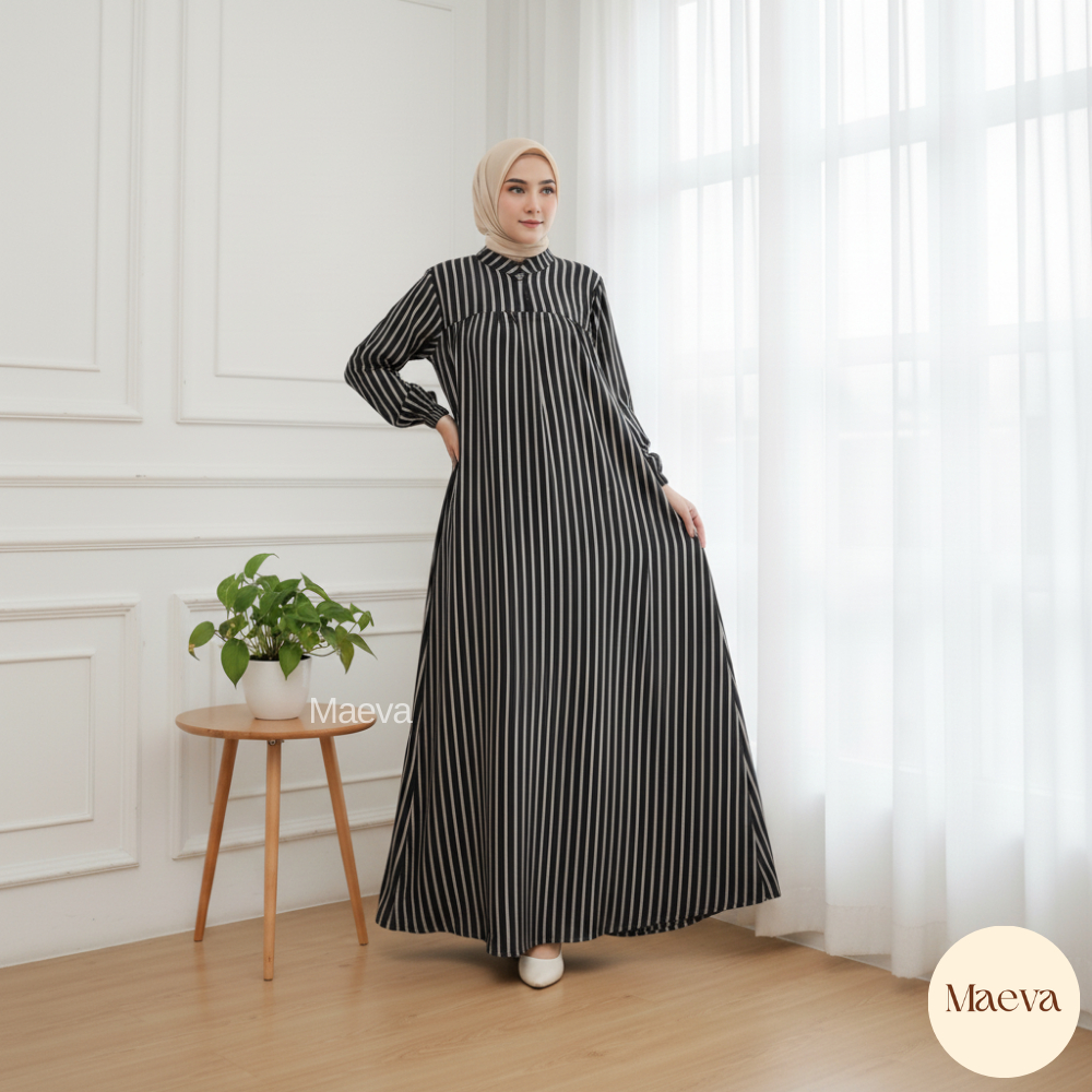 Gamis Dress Wanita Muslim Motif Salur Garis Garis Bahan Rayon Premium