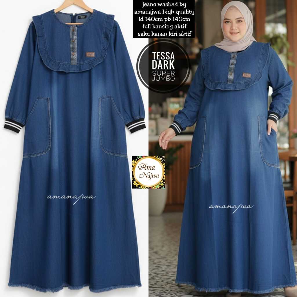 READY COD Tessa MAXY Gamis Jeans Jumbo Terbaru Ld 140 Gamis Jumbo Kekinian Gamis Jeans Premium