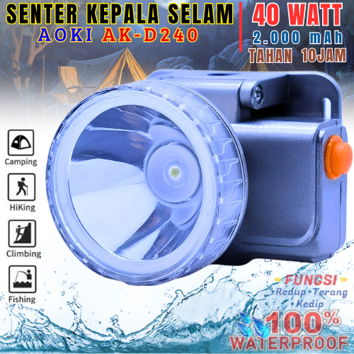 Headlamp/Senter Kepala Selam Aoki Ak-D240 40 Watt | Senter Kepala Diving Super Terang Baterai Lithiu