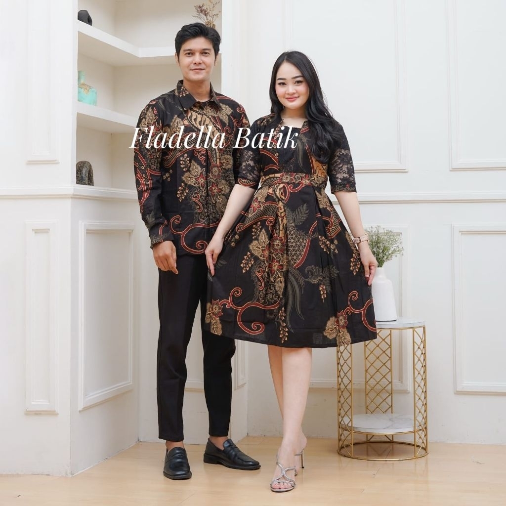 Dress batik couple hitam elegan dress midi modern kekinian