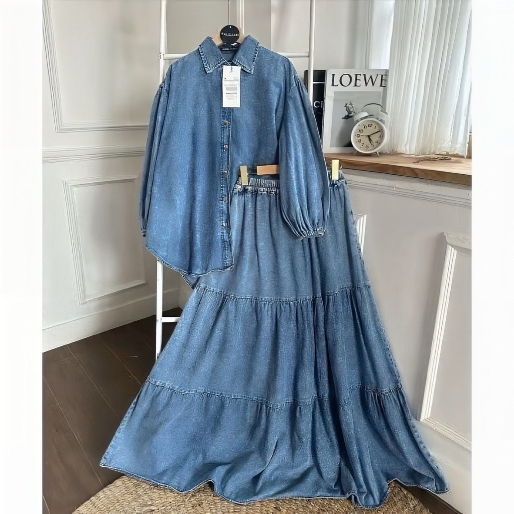 Rani Set Baju Stelan Rok jeans Wanita Jumbo/ One Set Jeans Premium/Atasan Jeans Wanita Jumbo