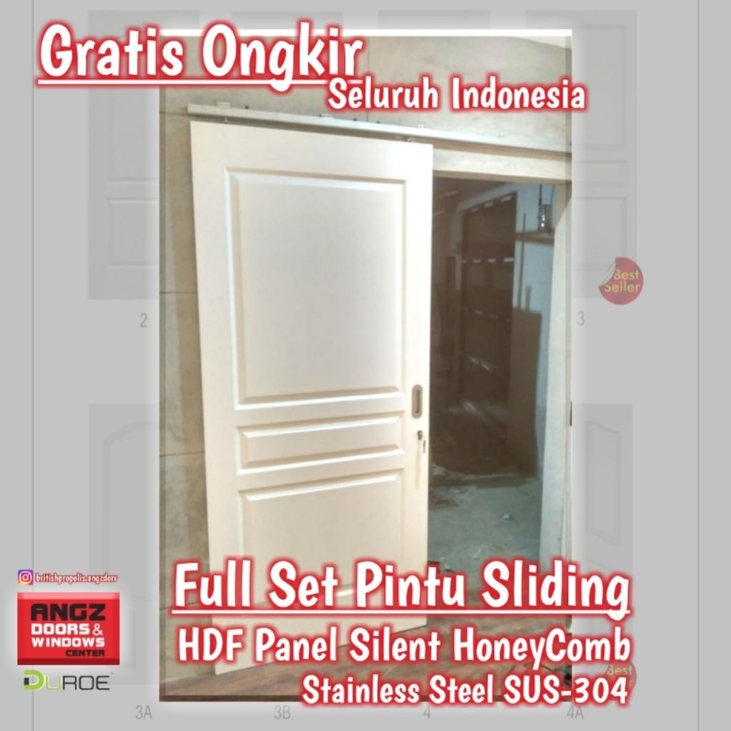 Pintu Geser Pintu Sliding Pintu Kayu HDF Angzdoor – Siap Pasang Handle Duroe SUS304 + Rail Set | Gra