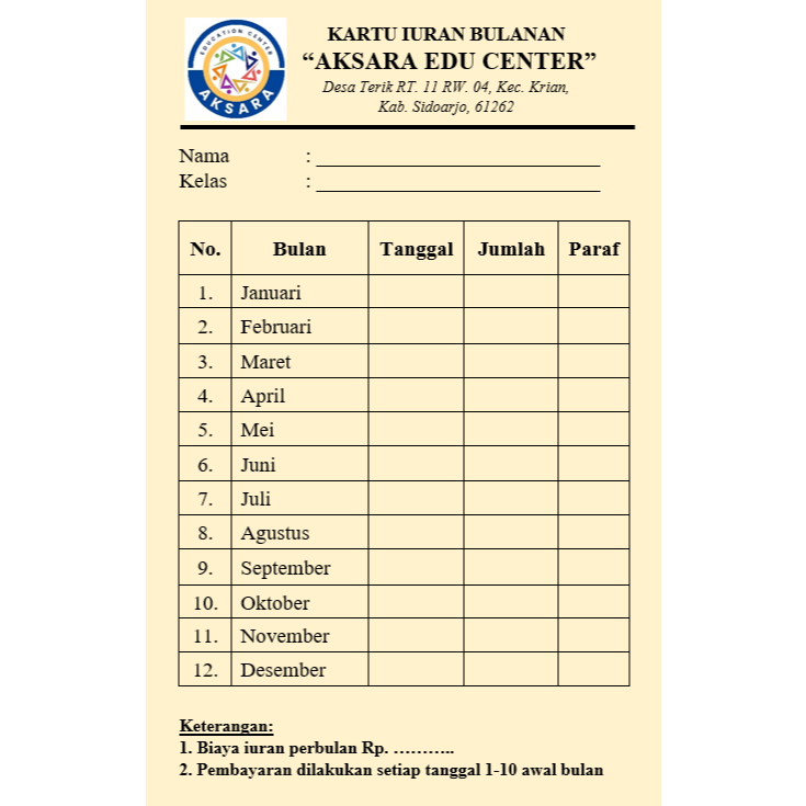 Kartu Infaq & Iuran Bulanan Custom | Kas RT RW, Masjid, SPP Sekolah, Sampah, Air, Listrik