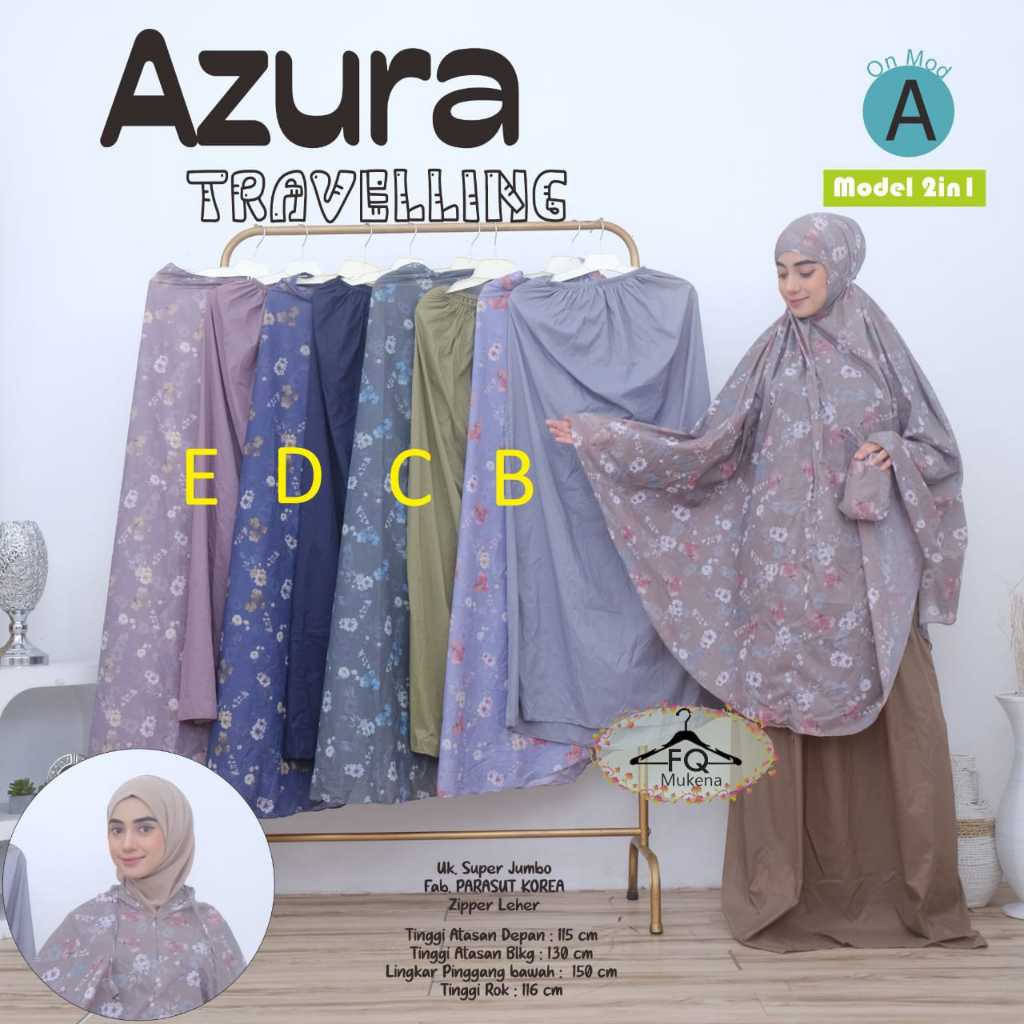 Mukena Azura Travelling Original FQ Mukena Jumbo Model 2in1 Parasut Korea Premium Resleting Leher Mo