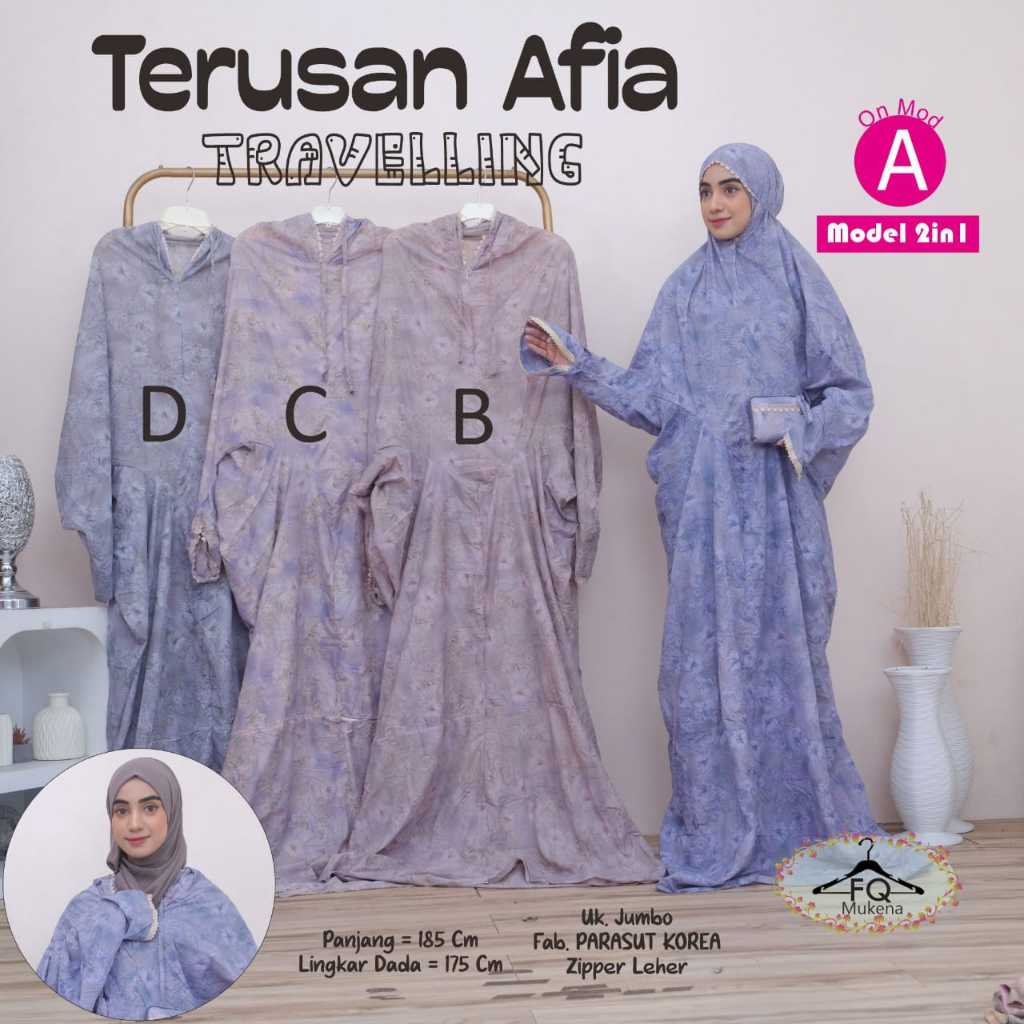 Terusan Afia Travelling Mukena Abaya Sholat Jumbo Model 2in1 Original FQ Mukena Bahan Parasut Korea 