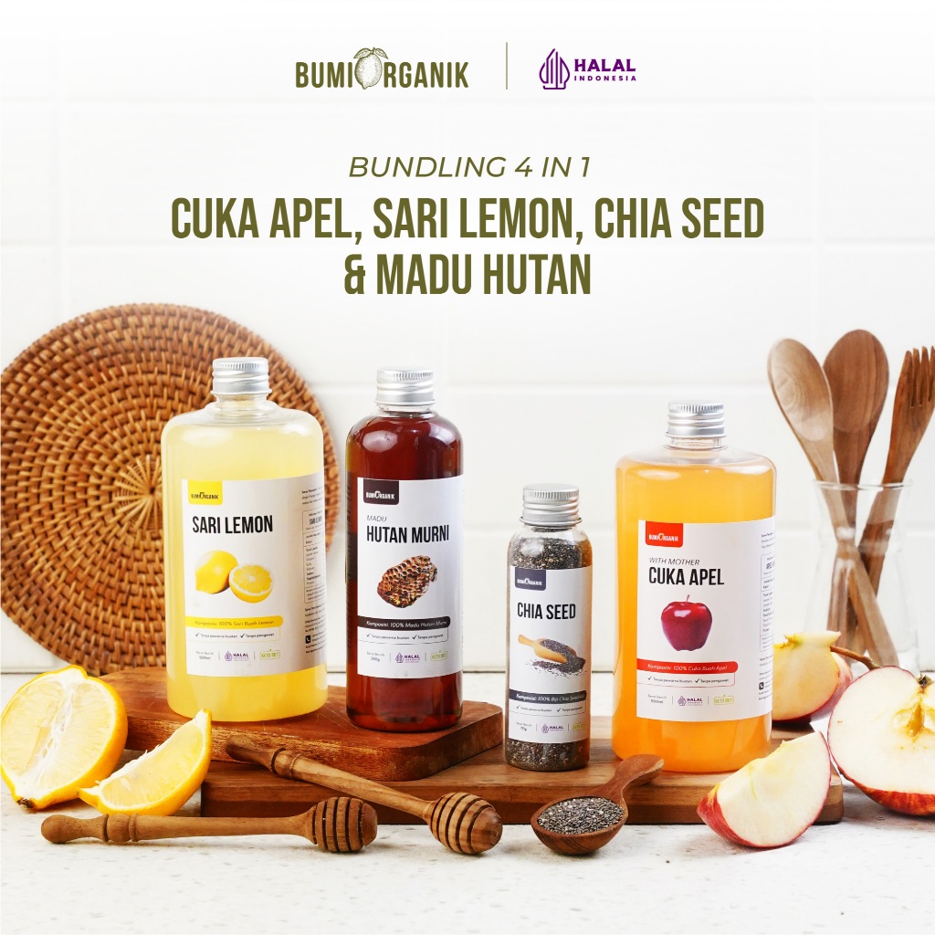 PAKET 4 IN 1 SARI LEMON CUKA APEL & MADU MULTIFLORA / HUTAN BUMI ORGANIK UNTUK DIET WAJAH LAMBUNG OR