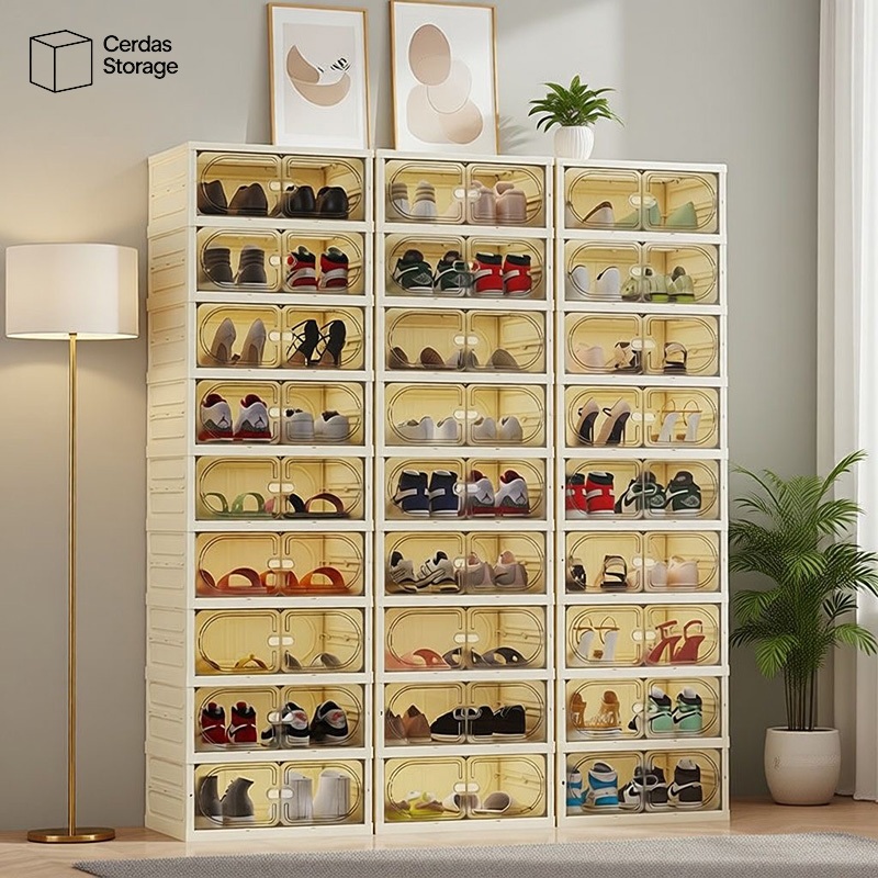 Rak Sepatu Susun Tertutup Rak Sepatu Plastik Transparan Rak Sepatu Tertutup Anti Debu 3/6/9 Susun