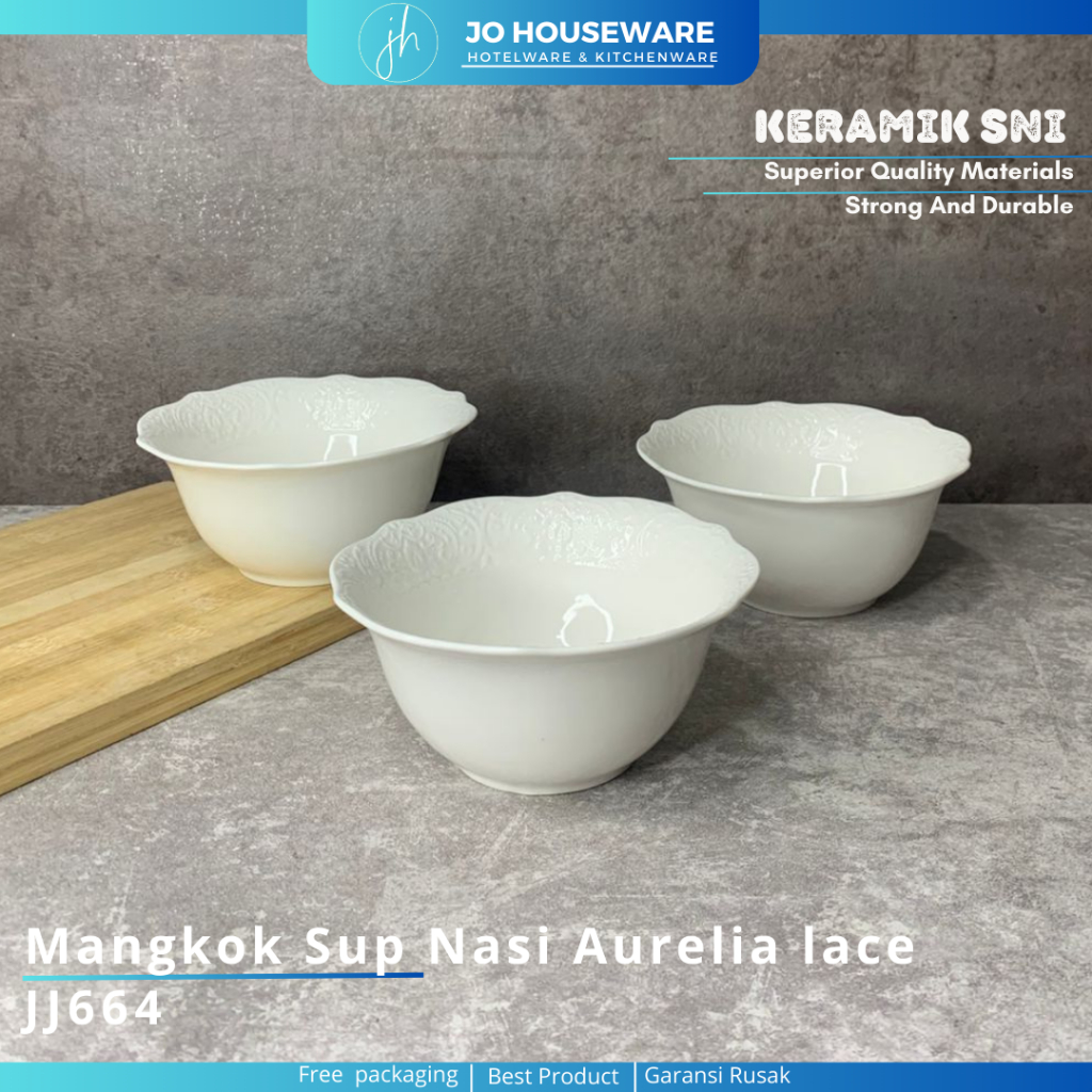 Mangkok Nasi Sup Bunga Keramik Premium Putih Diameter 16cm / Mangkuk Aurelia Lace Hotelware serbagun