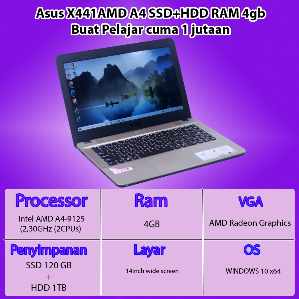 Laptop Asus x441B AMD A4 SSD+HDD RAM 4gb Buat Pelajar cuma 1 jutaan Bekas L205