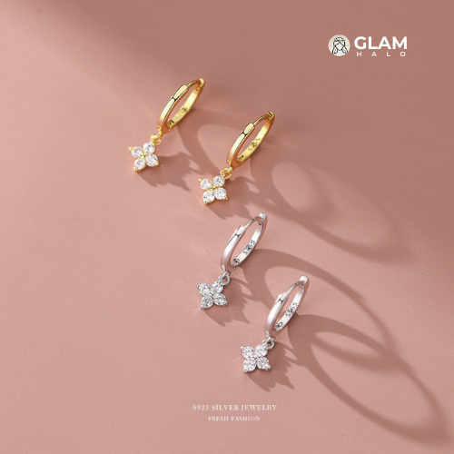 GLAMHALO Anting Klip Silver Gold S925 Four Leaves Clover