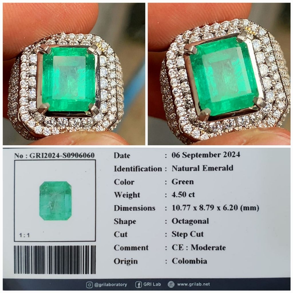 Natural Emerald Jamrud Zamrud Colombia 4.50ct cincin perak mikrosetting memo GRI ada Sapphire Safir 