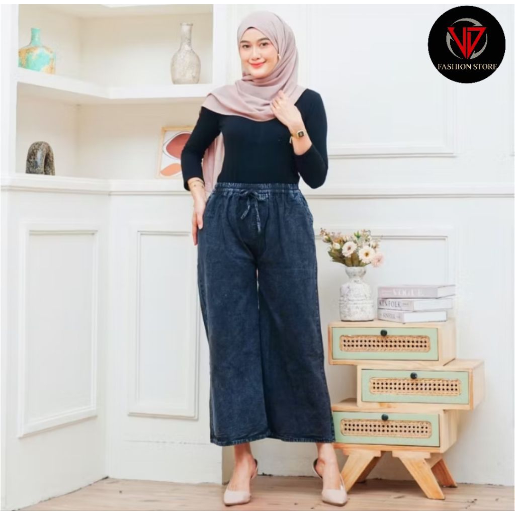 Kulot Jeans Jumbo Snow Tali Serut | Kulot Jeans Lipat Pinggang Full Karet Premium