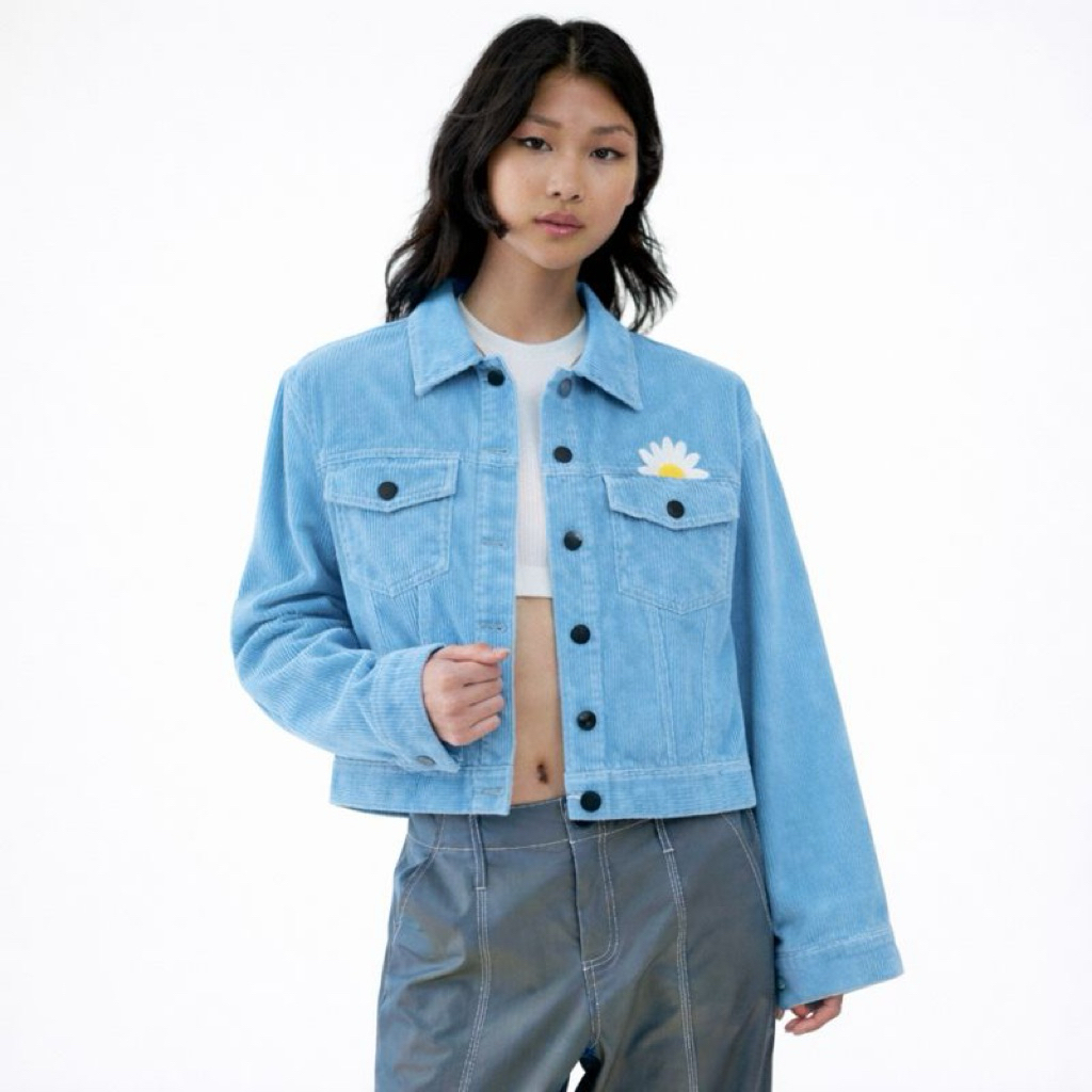 Jacket Trucker Corduroy Cotton Bordir Daisy | Outer Wanita Vintage | Trucker Corduroy