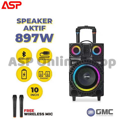 GMC 897W 897-W Speaker Portable Bluetooth 10 inch Karaoke + 2 Wireless Mic