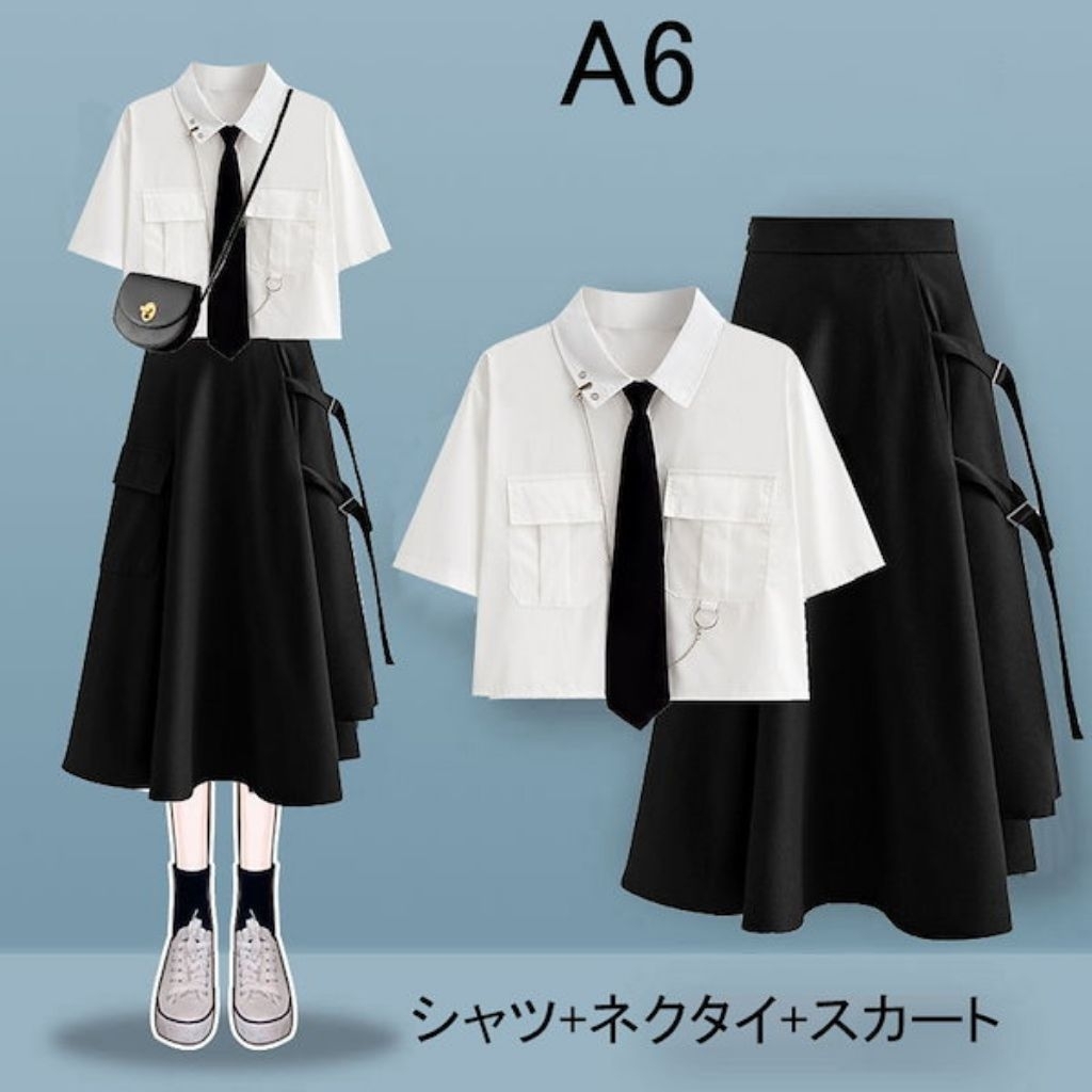 Harajuku set cargo gesper midi setelan baju dan rok midi dengan dasi dan rantai