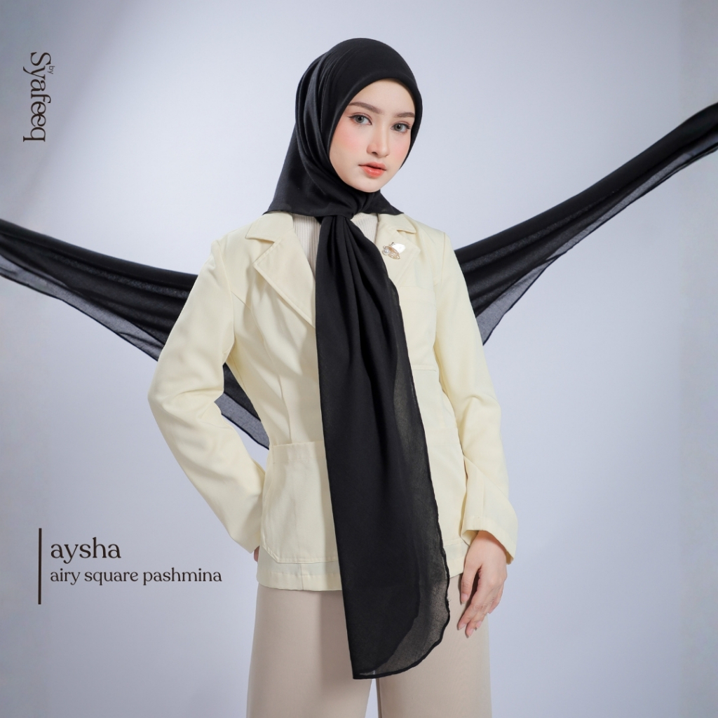 bysyafeeq - Aysha Black Airy Square Pashmina - Hijab 2in1 Segi Empat Pashmina Arabian Voal Premium