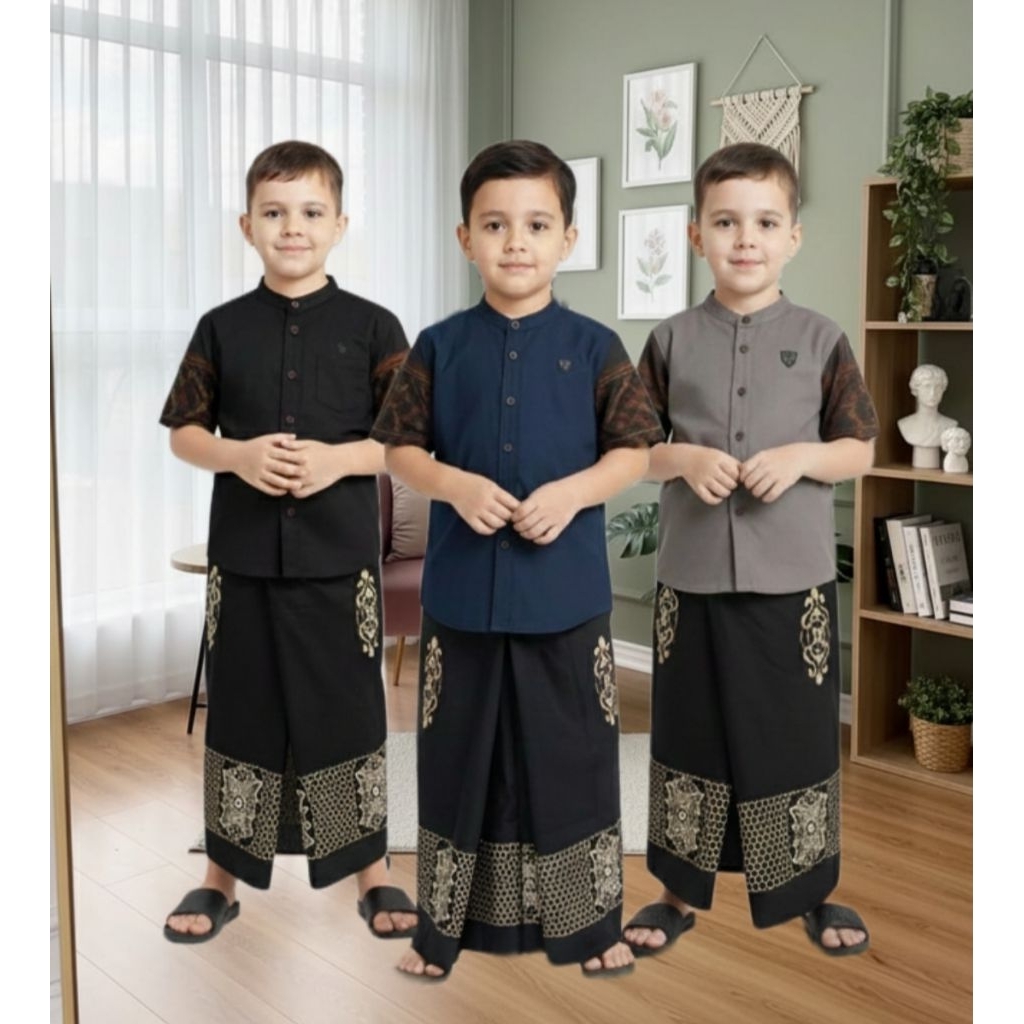 Terbaru-Set Sarung Koko Anak Laki-Laki-Sarko Sarung Baju koko anak lengan pendek-baju koko anak-Set 