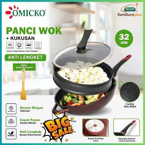 Panci Wok Serbaguna 32cm Omicko – Wajan Anti Lengket + Tutup Kaca + Kukusan
