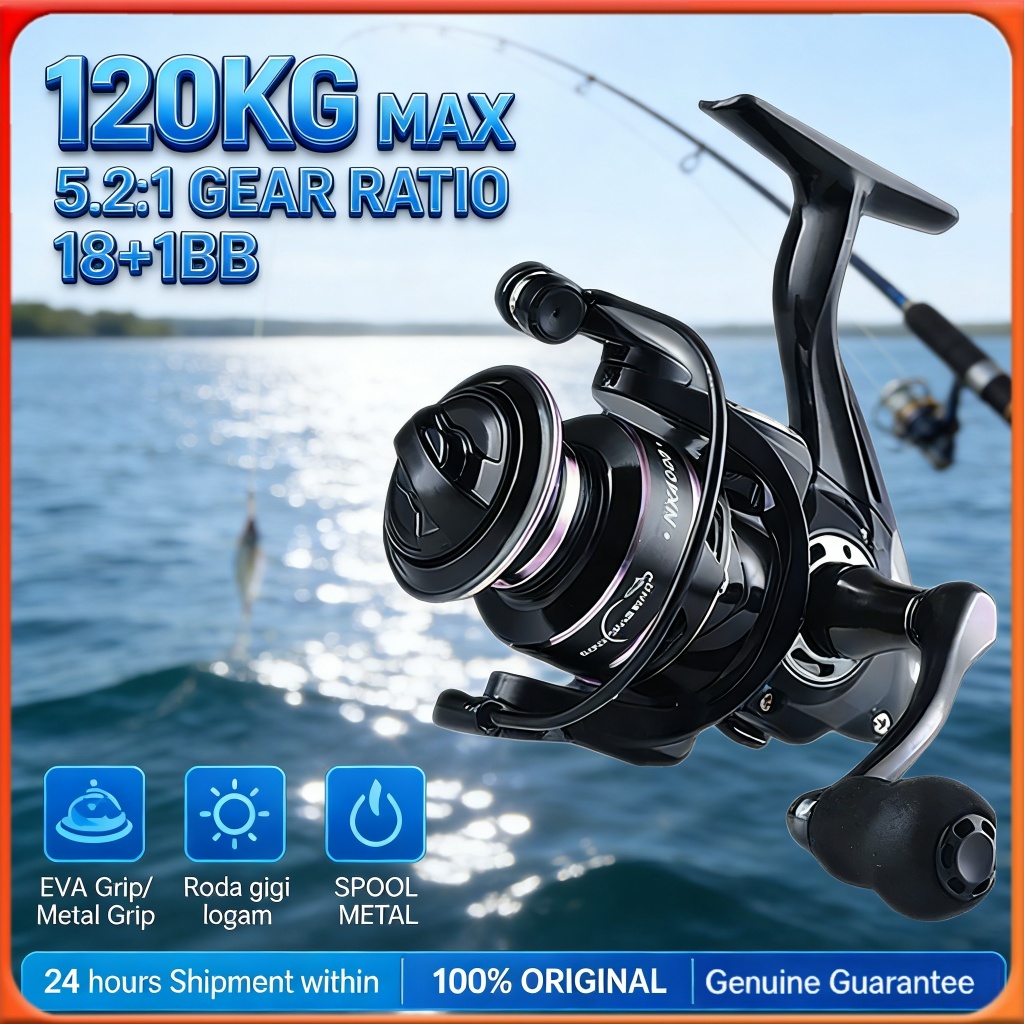 Reel Pancing NX1000-7000 Spinning Max Drag120KG 5.2:1 Asli Besi Fishing Reel Murah Kuat Power Handle