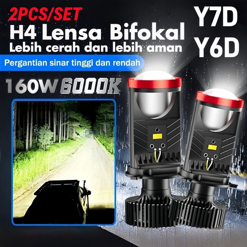 2 Buah Mini Projie Y7D Y6D H4 LED 50/60Watt Super Terang Dengan Kipas Lensa Cahaya Mobil Motor