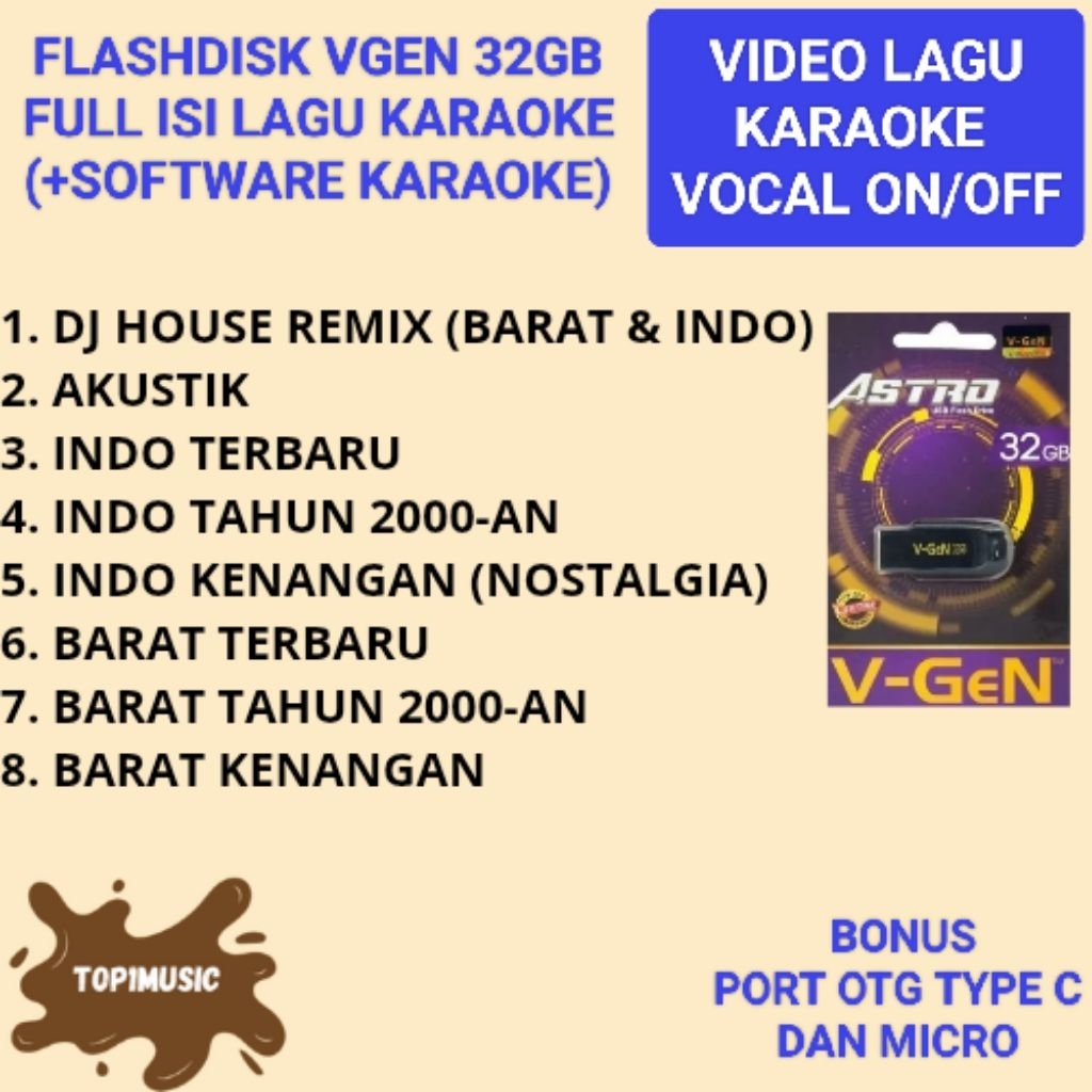 flashdisk vgen 32GB isi lagu karaoke player dj house remix