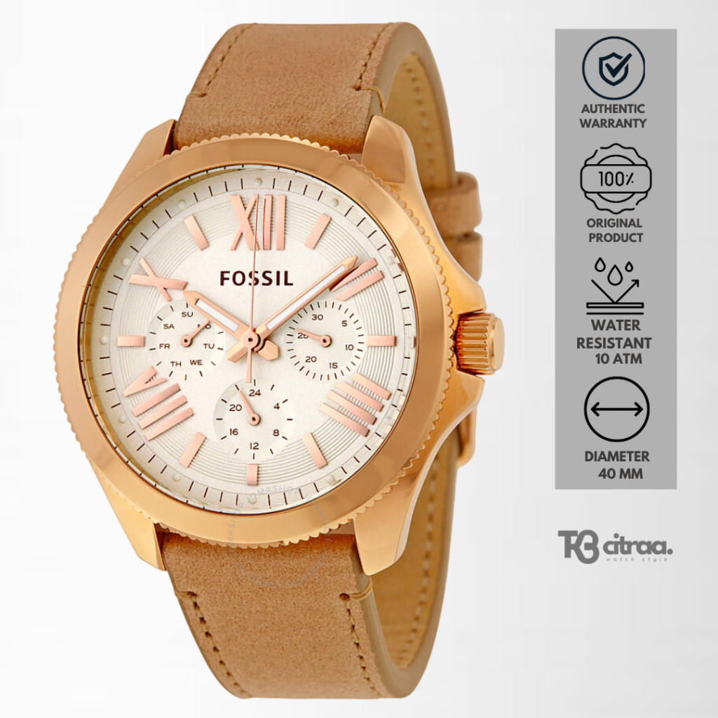 Jam Tangan Wanita Fossil Cecile Chronograph Rose Gold Glitz Sand Leather Mewah Casual Original AM453