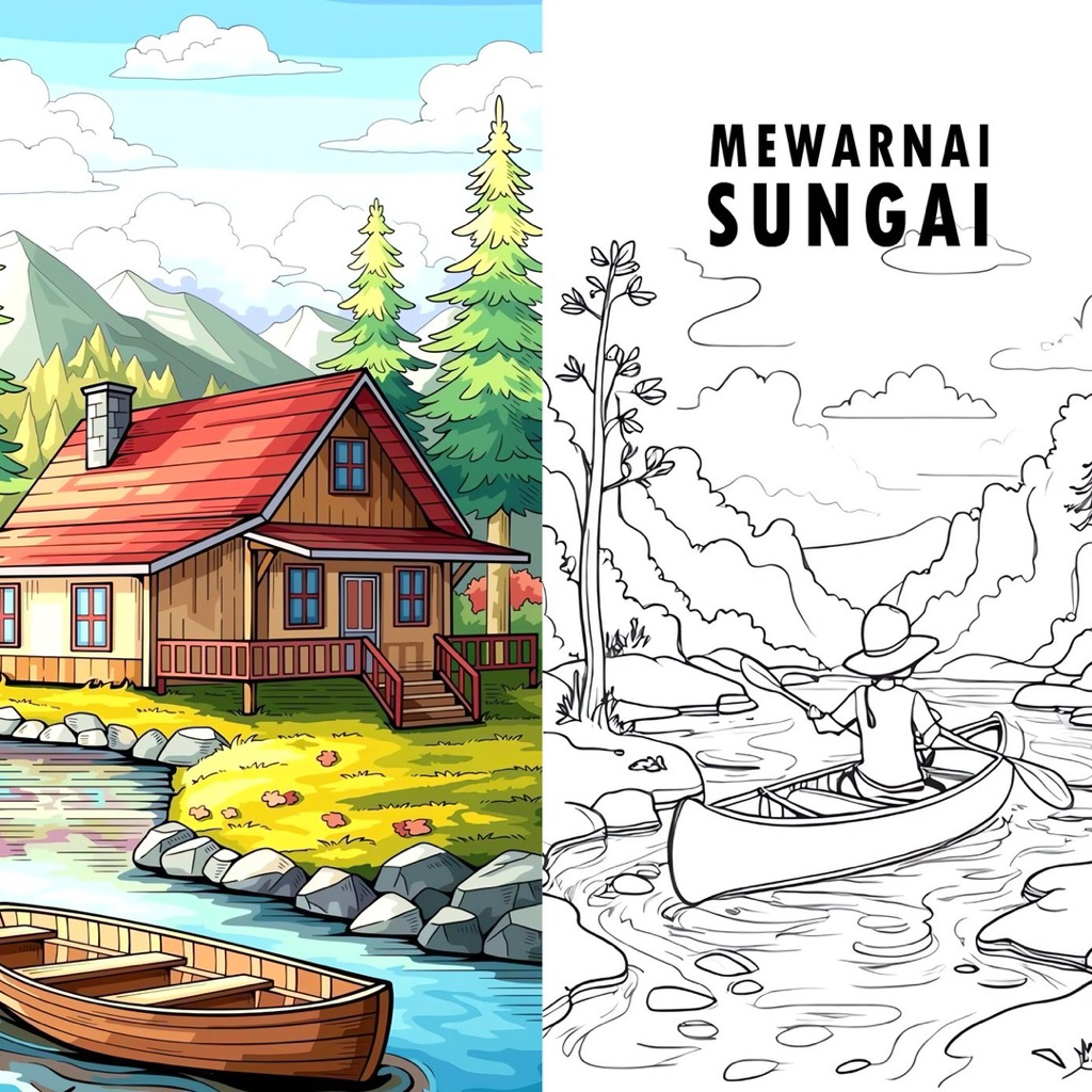 15 Lembar A5 | Kertas Mewarnai Tema Pemandangan Sungai | 15 Kertas gambar berbeda dengan contoh warn