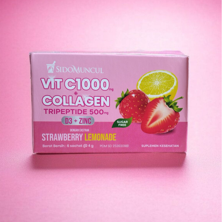 Sidomuncul Vitamin C1000+Collagen 6 Saset  dengan Ekstrak Strawberry Lemon