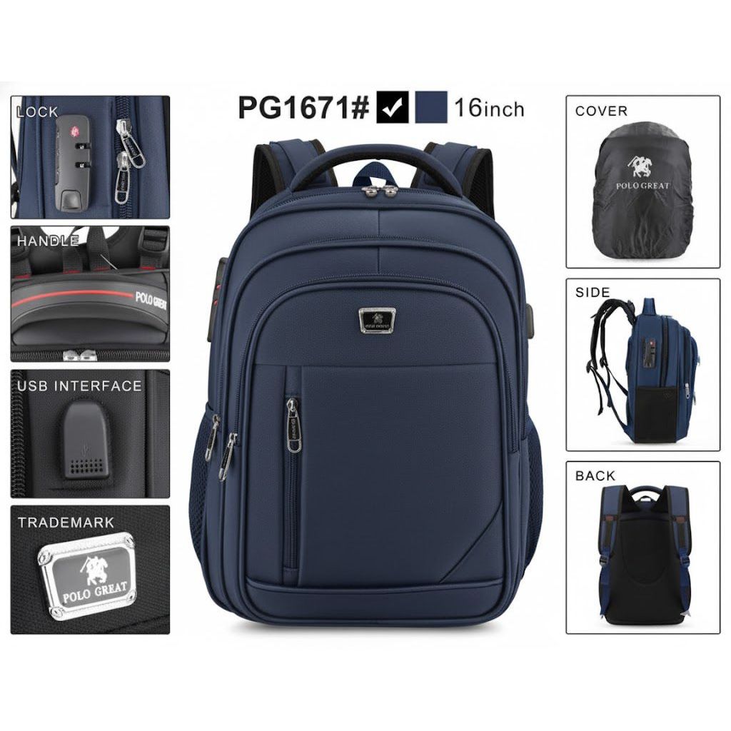 POLO GREAT Ransel Gembok 16 Inch Ransel Laptop Backpack Pria Wanita USB Port