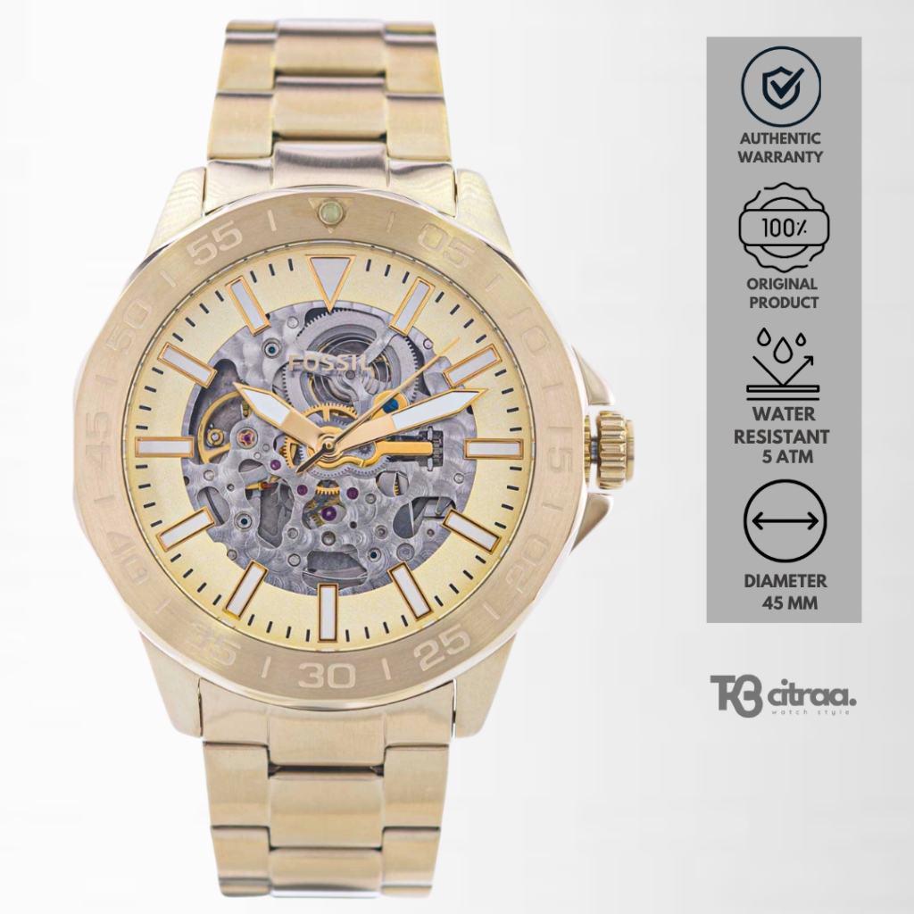 Jam Tangan Pria Fossil Bannon Automatic Gold-Tone Stainless Steel Watch Mewah Sporty Original BQ2680