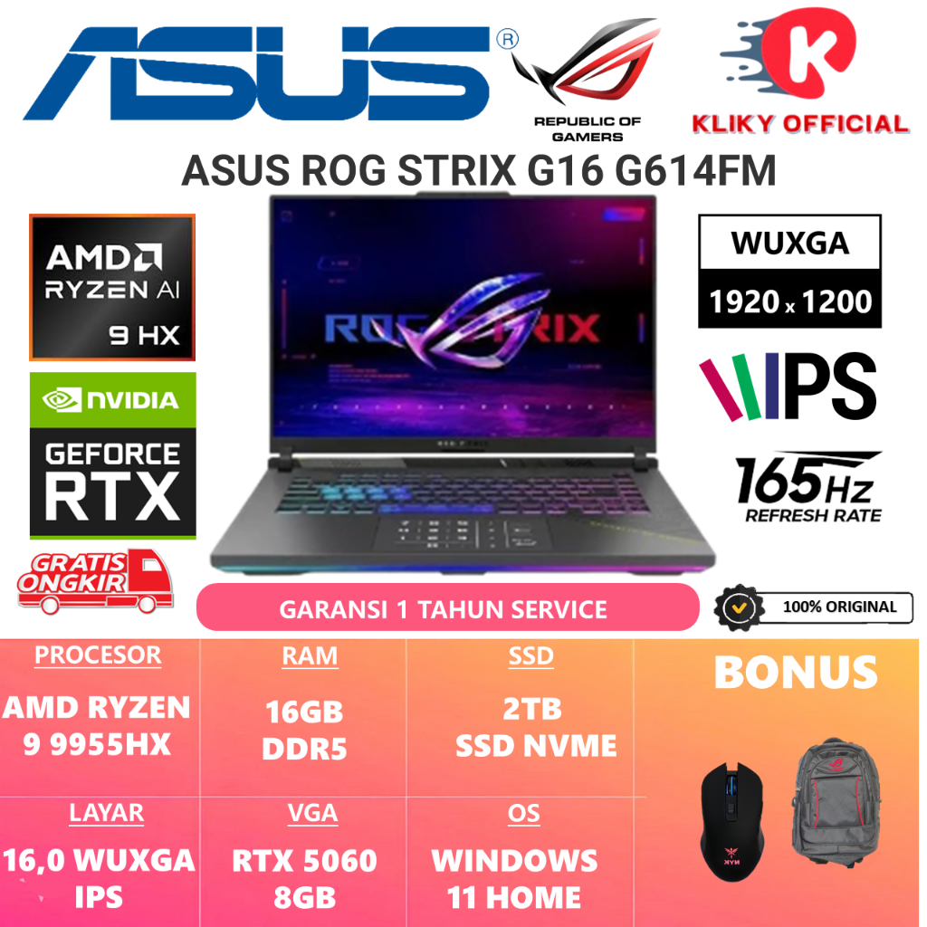 Laptop Gaming ASUS ROG STRIX G16 G614FM AMD RYZEN 9 9955HX RAM 16GB SSD 1TB RTX5060-8GB 16.0 WUXGA
