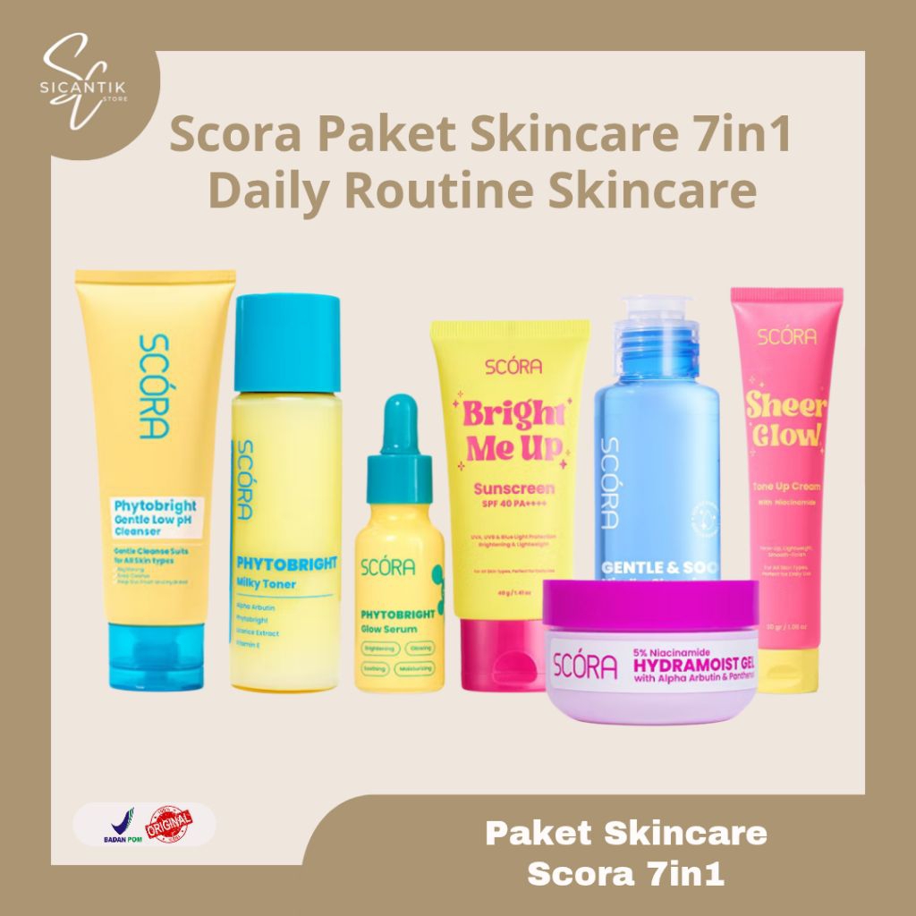 Scora Paket Skincare 7in1 Daily Routine Skincare | Sheer Glow Tone Up 30 gr + Toner Series 80 ml + S