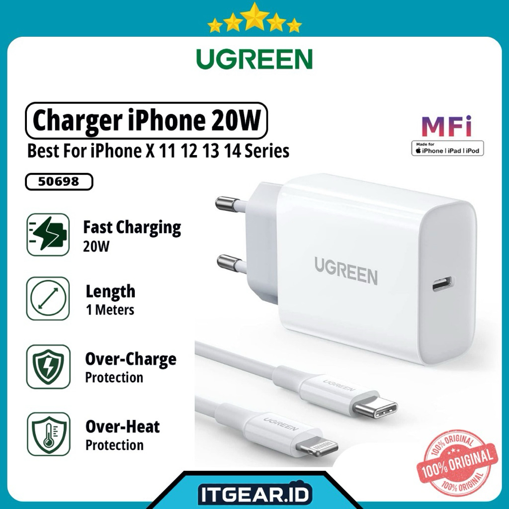 UGREEN IPHONE CHARGER  SET 20 WATT + LIGHTNING CABLE MFI  (50698)