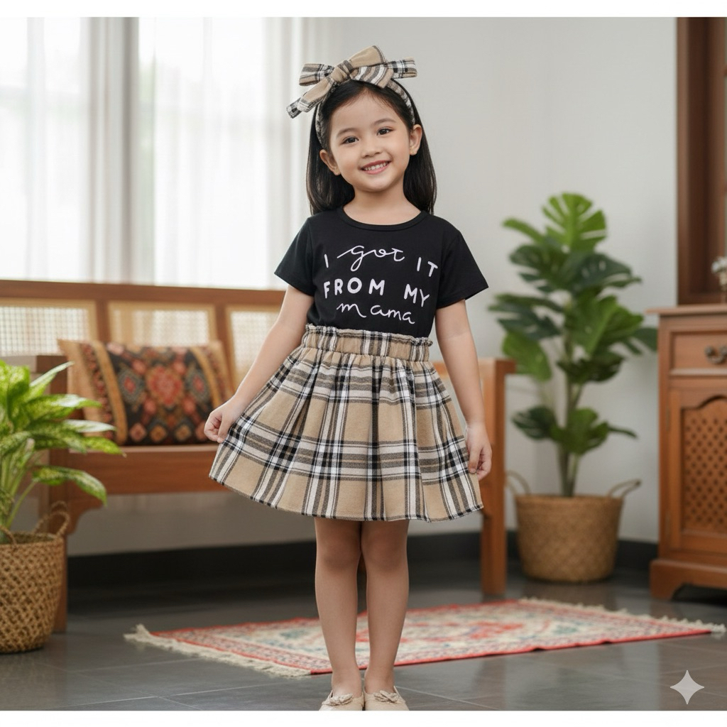 Setelan baju anak perempuan 1-5 tahun/ setelan kaos dan rok bandana anak perempuan motif kotak kotak